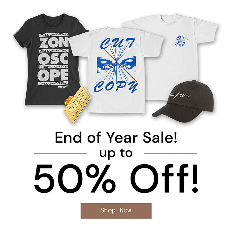 Three t-shirts and a cap with graphic designs, promotional text for an end-of-year sale.